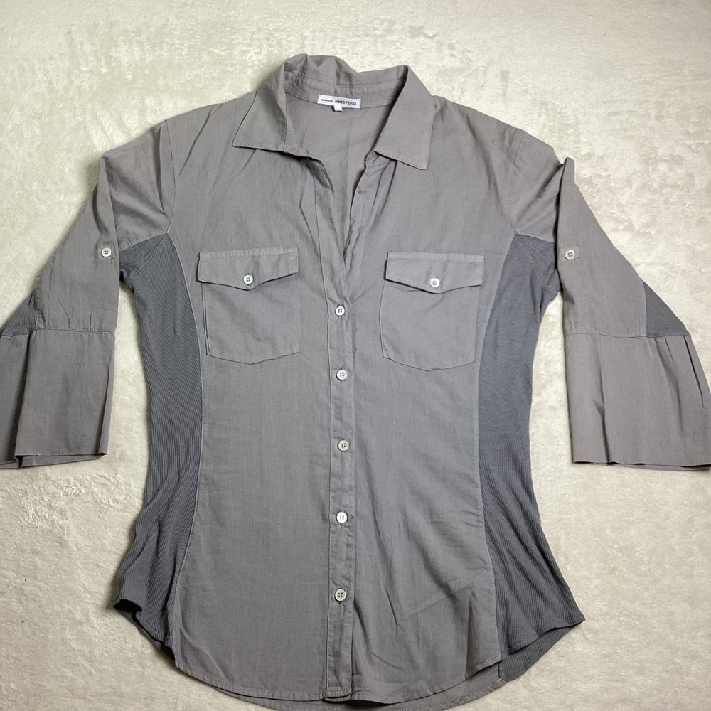 James Perse Grey Ribbed Contrast Panel Button Up Shirt WLC3321 Size 2 Sm/Med